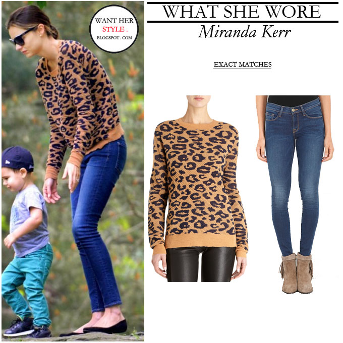 WHAT SHE WORE: Miranda Kerr in leopard print sweater with blue ...